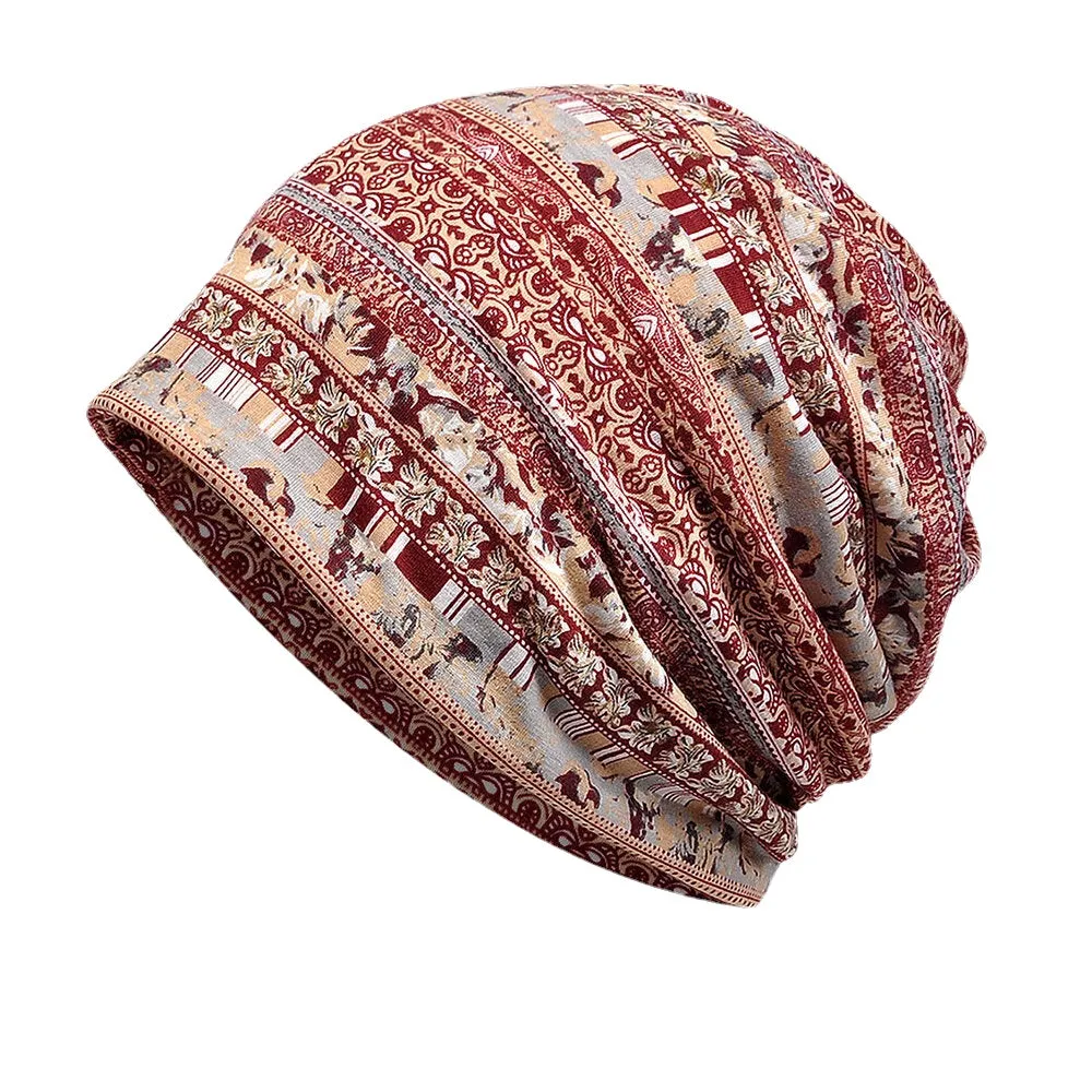 Women Polyester Cotton Overlay Geometry Print Elastic Dual-use Bib Scarf Beanie Hat