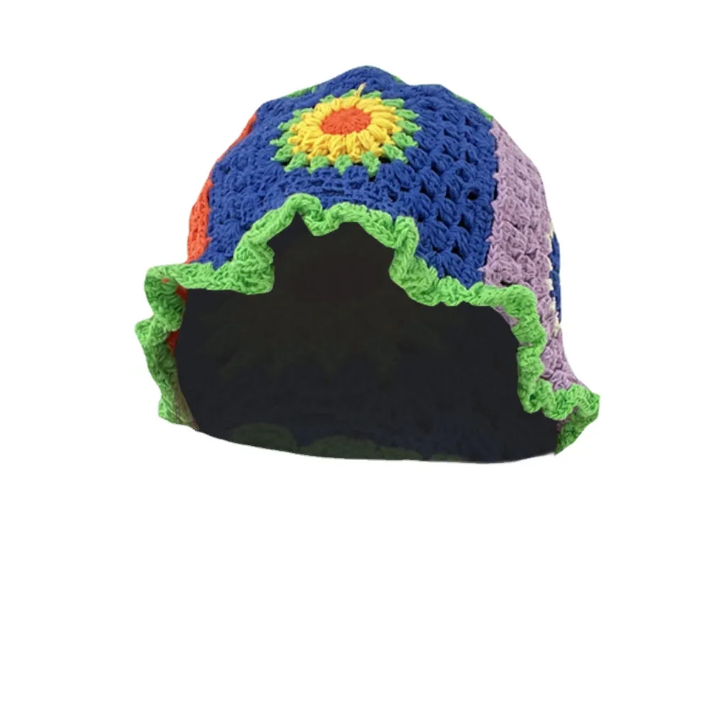 Women Sun Pattern Hollow Rainbow Knitted Baotou Cap Summer Breathable Bucket Hat