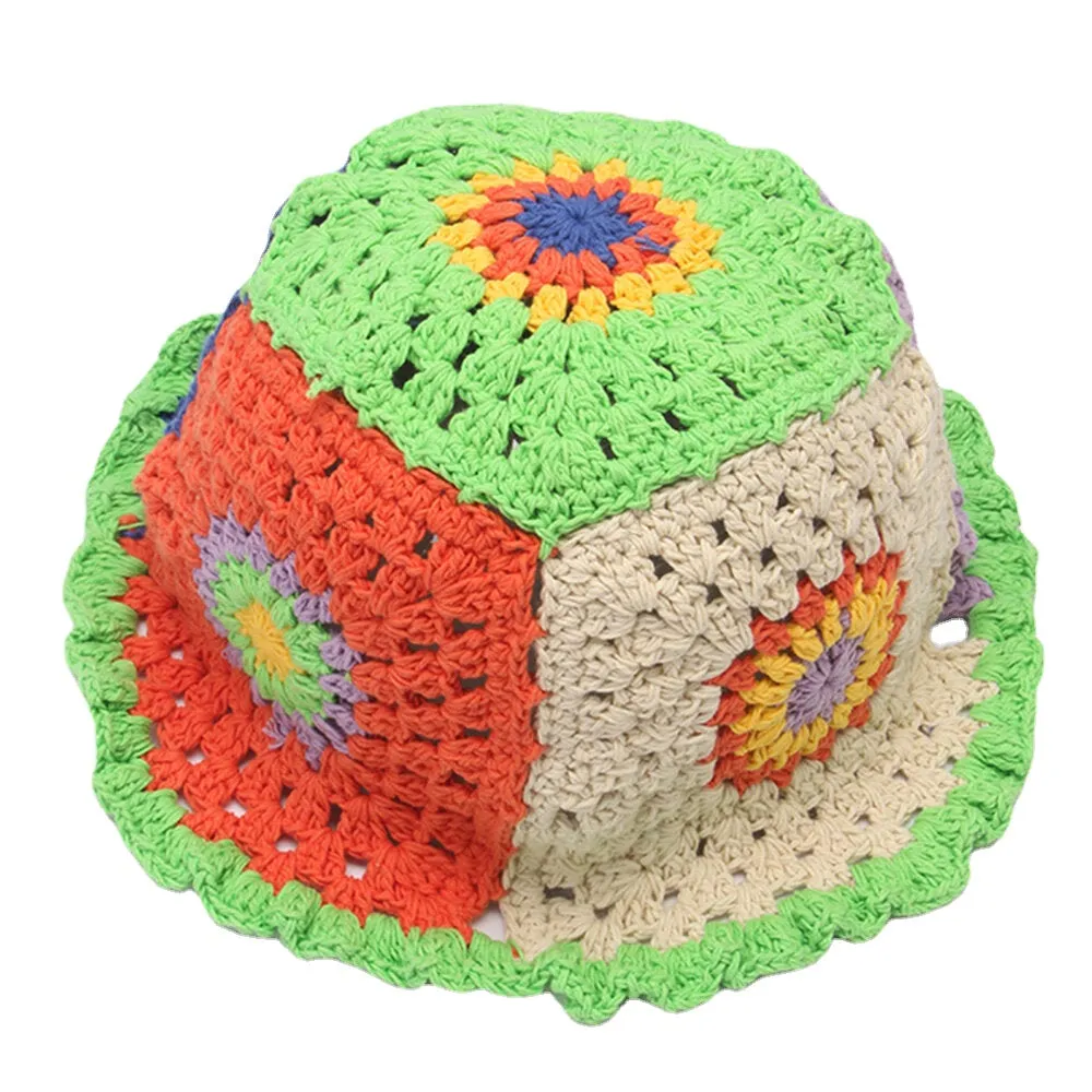 Women Sun Pattern Hollow Rainbow Knitted Baotou Cap Summer Breathable Bucket Hat